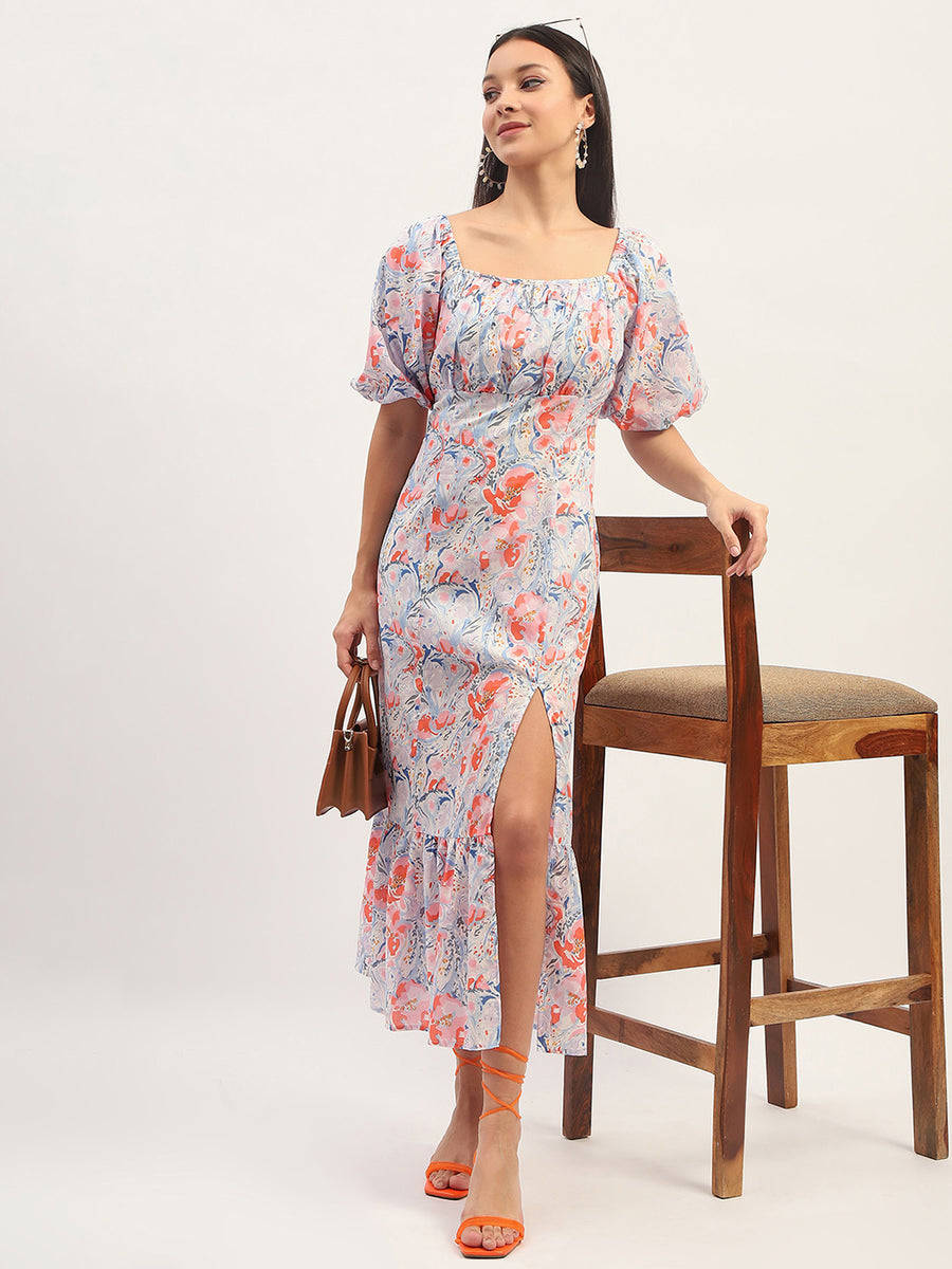 Madame Printed Fit And Flare Blue Cotton Maxi Dress