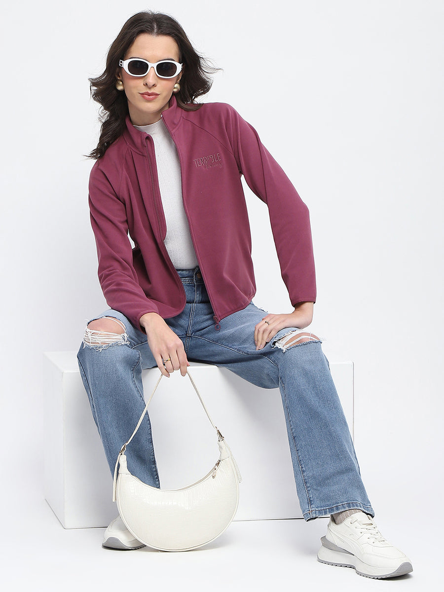 Madame Raglan Sleeve Embroidered Plum Zipped Sweatshirt