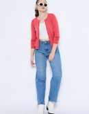 Madame Solid Coral Button Down  Crew Neck Cardigan