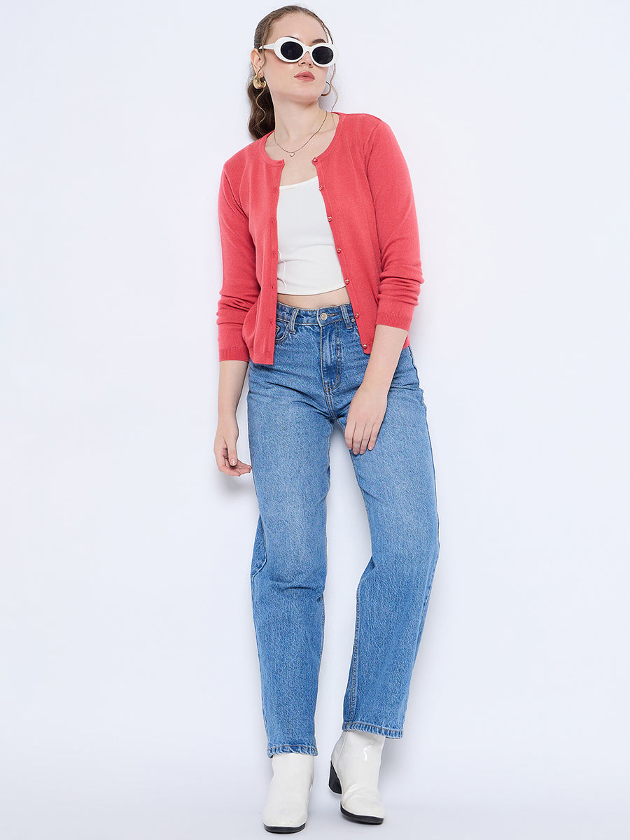 Madame Solid Coral Button Down  Crew Neck Cardigan