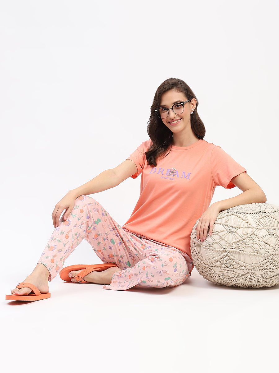 mSECRET Peach "Dream at the Sky" Graphic Pajama Set with Printed Pants