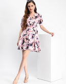 Madame Floral Print Puff Sleeve Mauve Mini Rayon Blend Dress