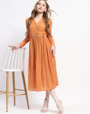 Madame Pleated Cotton Blend Orange Shirt Dress