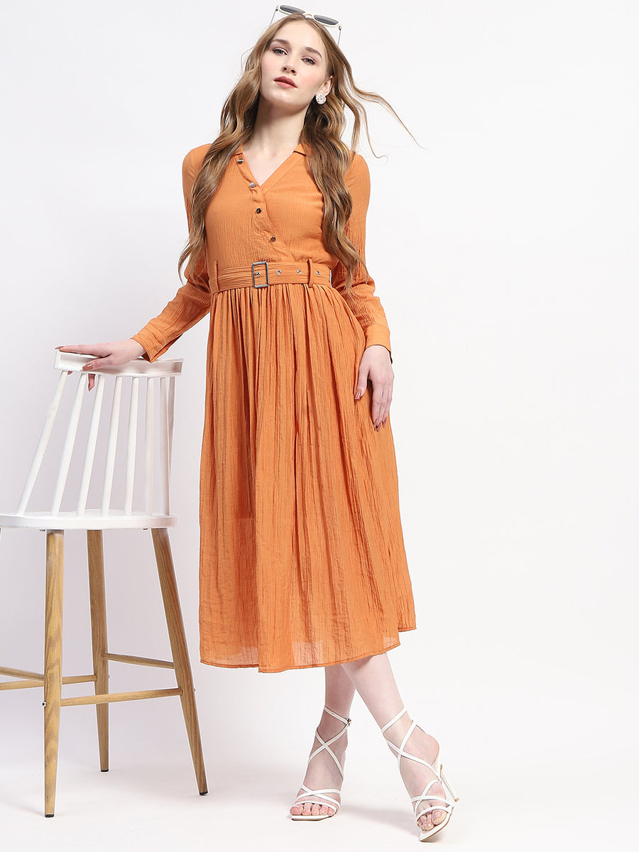 Madame Pleated Cotton Blend Orange Shirt Dress