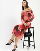 Madame Shanaya Kapoor Abstract Print Off Shoulder Semi Sheer Orange Maxi Dress