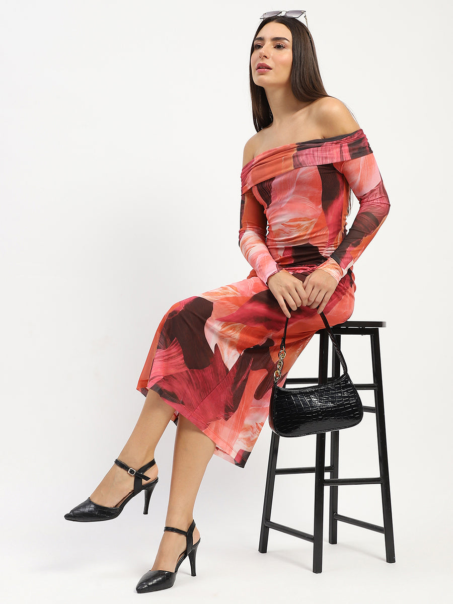 Madame Shanaya Kapoor Abstract Print Off Shoulder Semi Sheer Orange Maxi Dress