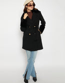 Madame Faux Fur Appliqué Double Breasted Black Long Coat