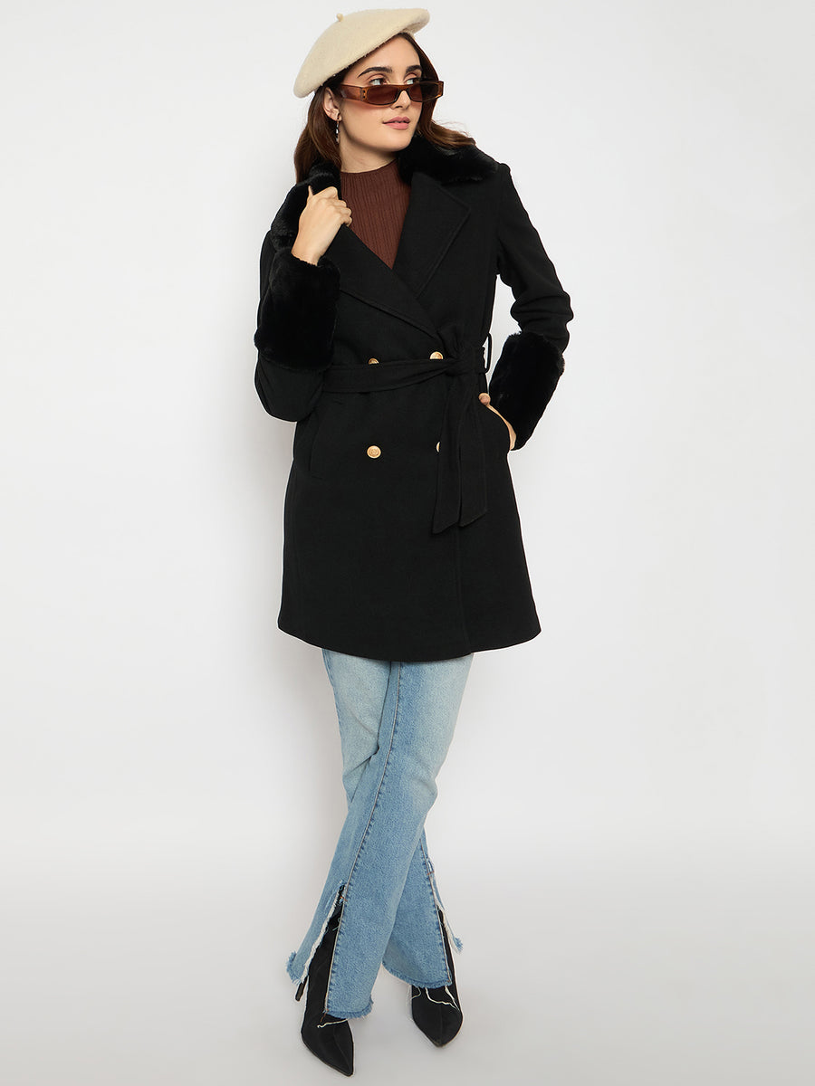 Madame Faux Fur Appliqué Double Breasted Black Long Coat