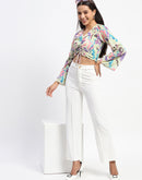 Madame Ruched Abstract Print Bell Sleeves Lilac Crop Top