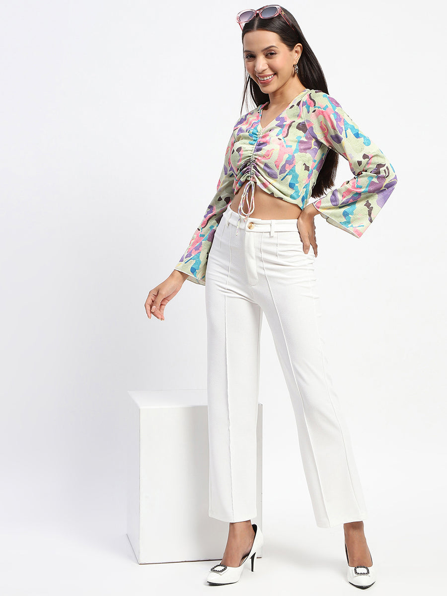 Madame Ruched Abstract Print Bell Sleeves Lilac Crop Top