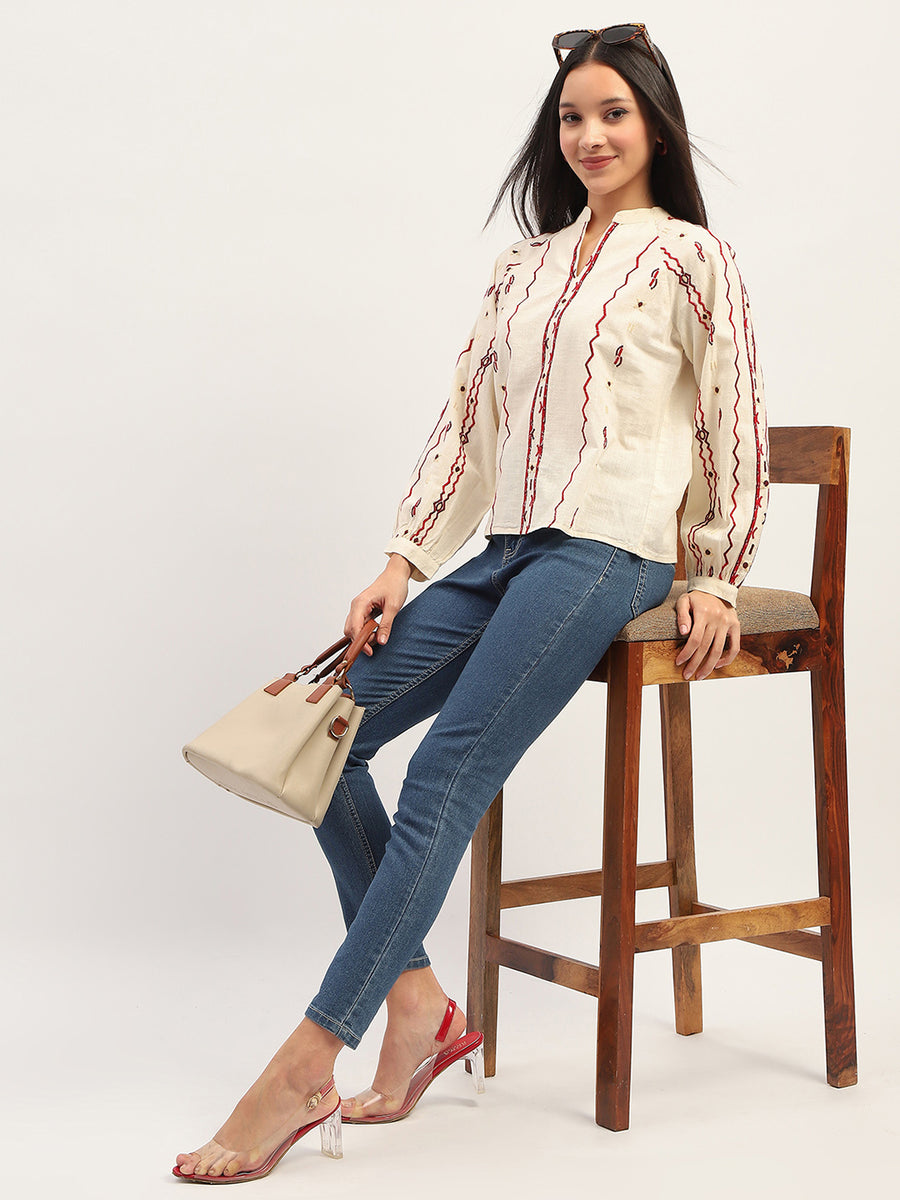 Madame Embroidery Printed Cotton Beige Top