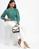 Madame Animal Print Cinch Waist Green Top