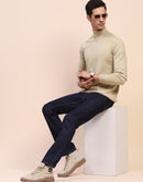 Camla Barcelona Embossed High Neck Solid Beige Sweater