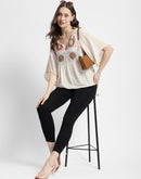 Madame Crochet Embroidered Flared Sleeve Beige Top