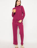 mSECRET Printed Zipped Top and Bottom Cotton Blend Plum Night Suit