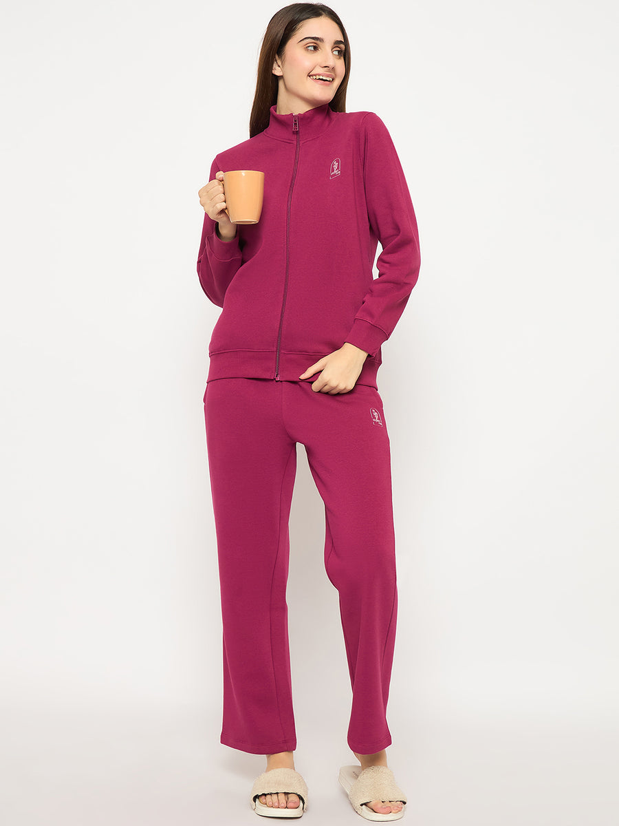 mSECRET Printed Zipped Top and Bottom Cotton Blend Plum Night Suit