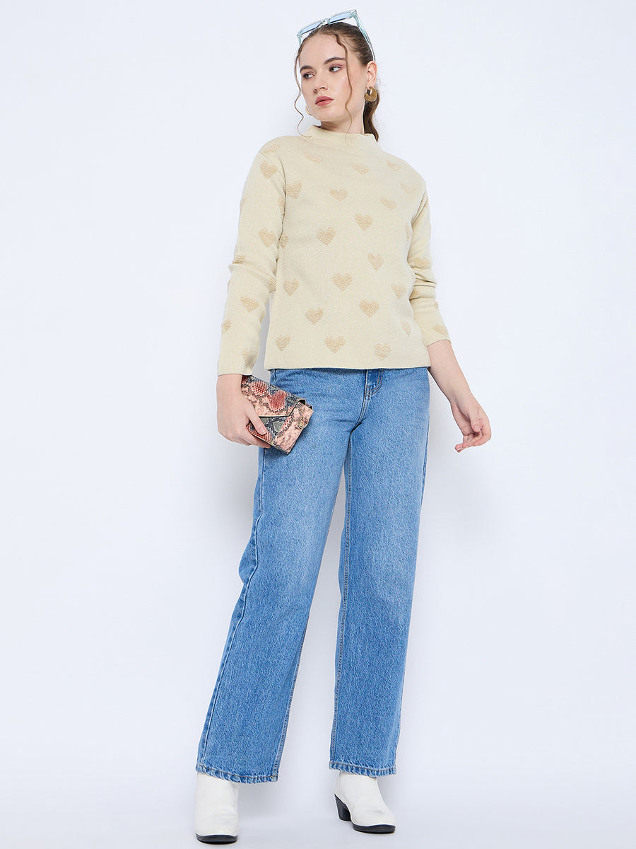 Madame Graphic Print Mock Neck Beige Sweater