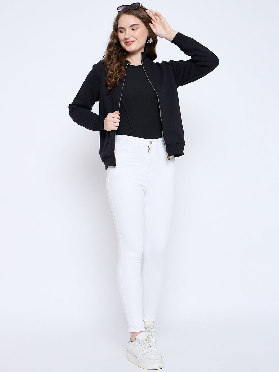 Madame Solid Black Elasticized Waist Gold Zipped Sweatshirt