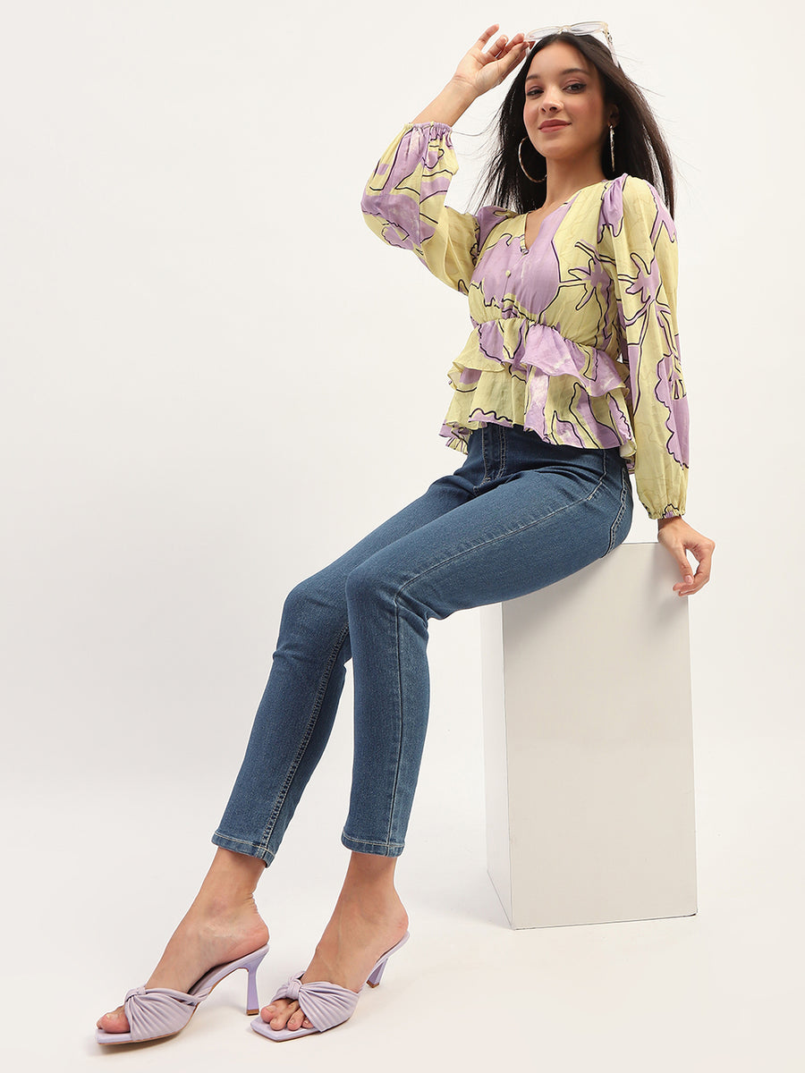 Madame Floral Print Peplum Lime Top