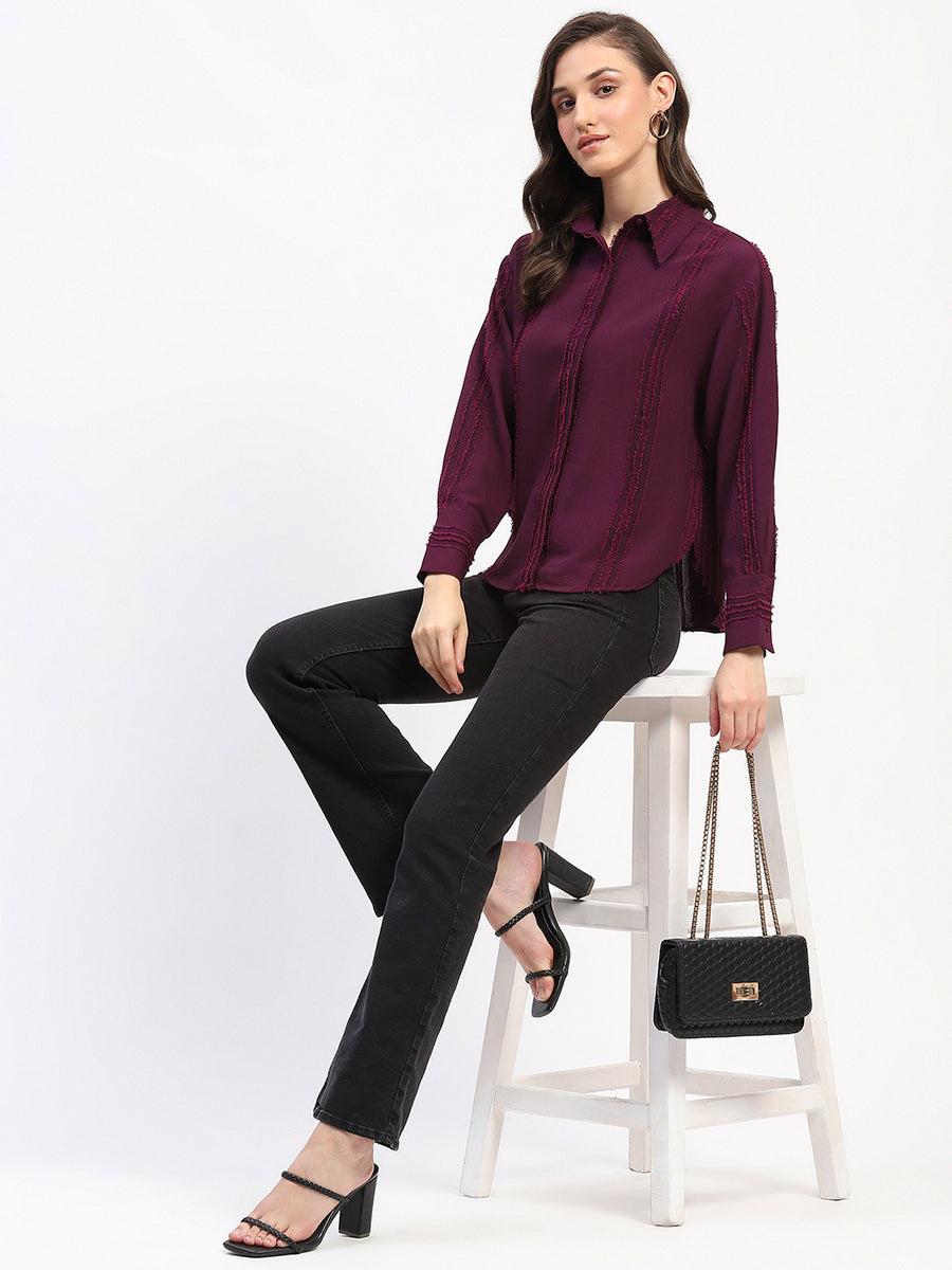 Madame Frayed Detailing Cuff Sleeve Plum Shirt