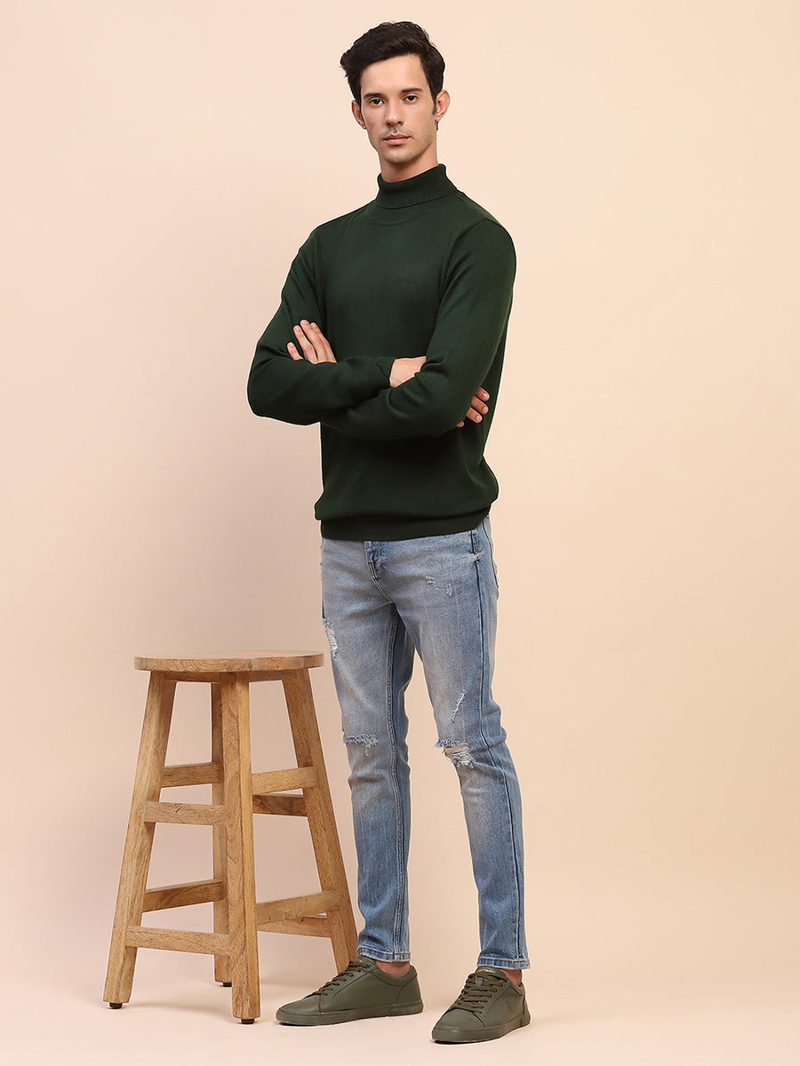 Camla Barcelona High Neck Solid Olive Sweater