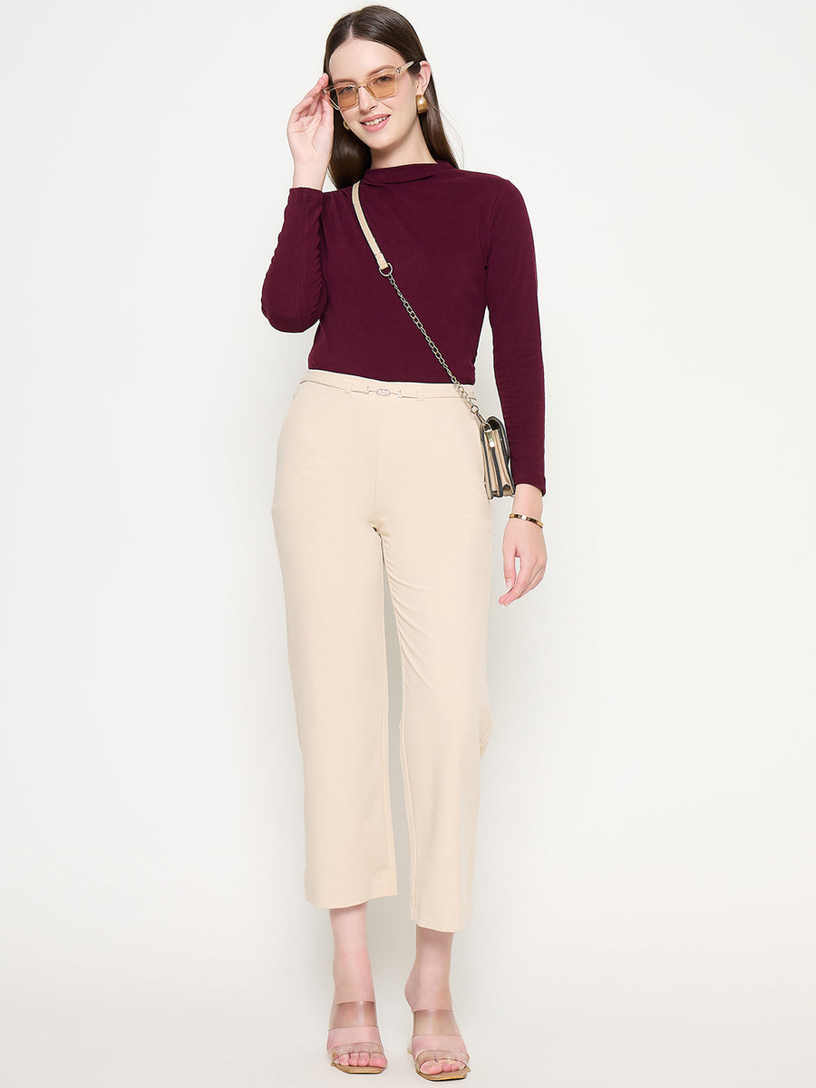 Madame Slash Pocketed Straight Fit Belted Solid Ivory Trousers