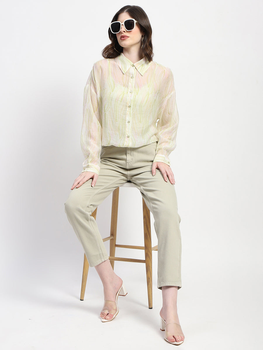 Madame Semi Sheer Abstract Print Lime Shirt