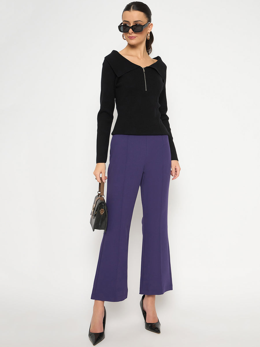 Madame Viscose Blend Open Shoulder With Zip Black Top