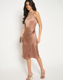 Madame Pleated Satin Light Brown Midi Dress