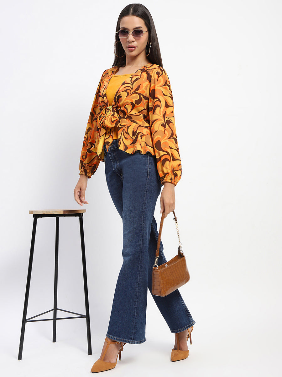 Madame Abstract Print Tie Front Yellow Top