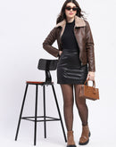 Madame Textured Self Design Brown Suede Jacket