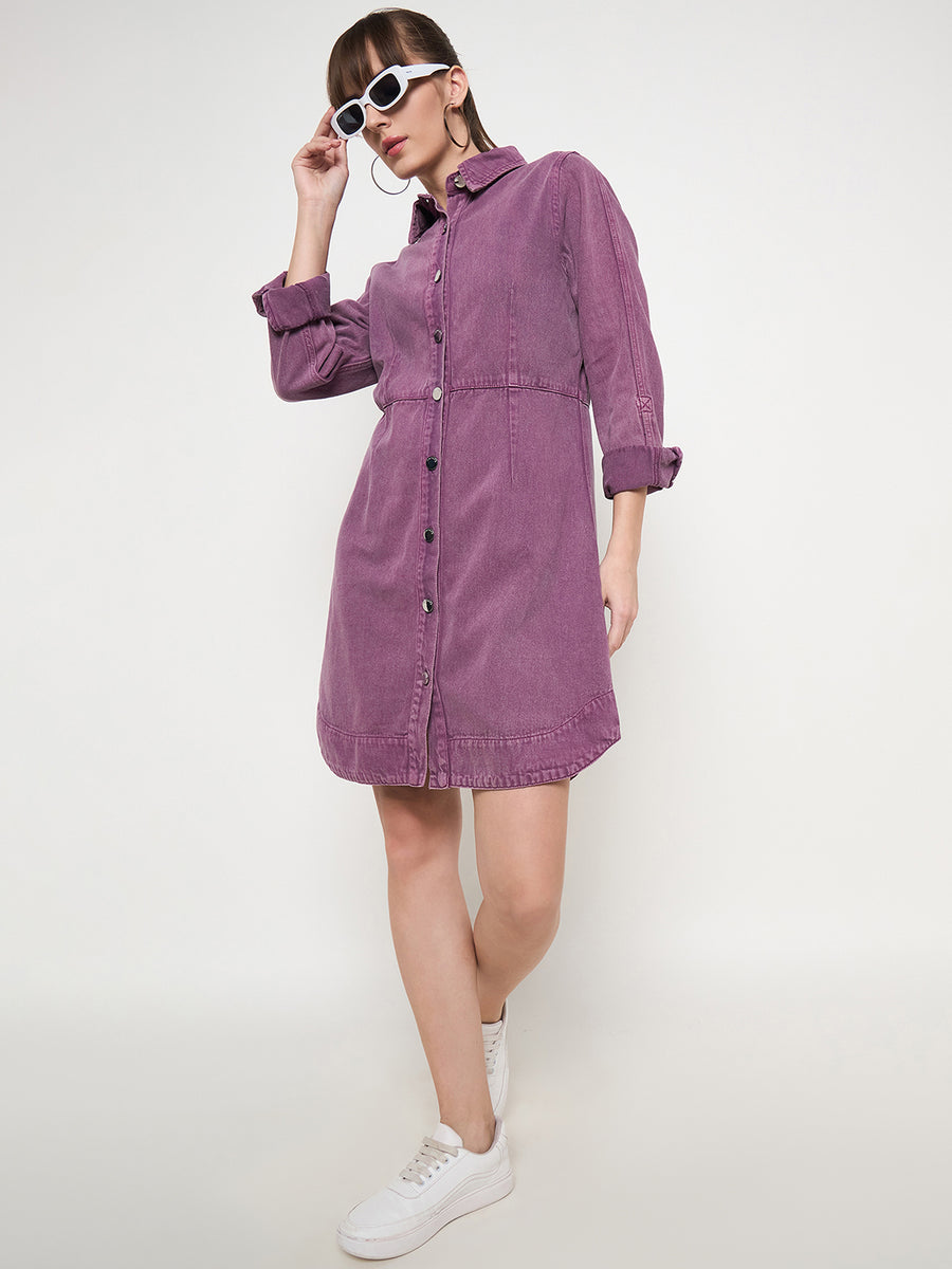 Madame Buttoned Plum Cotton Shirt Dress