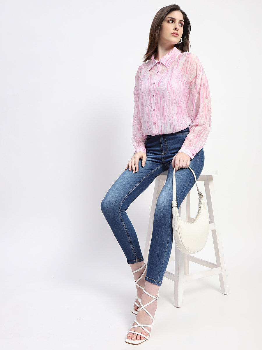 Madame Semi Sheer Abstract Print Baby Pink Shirt