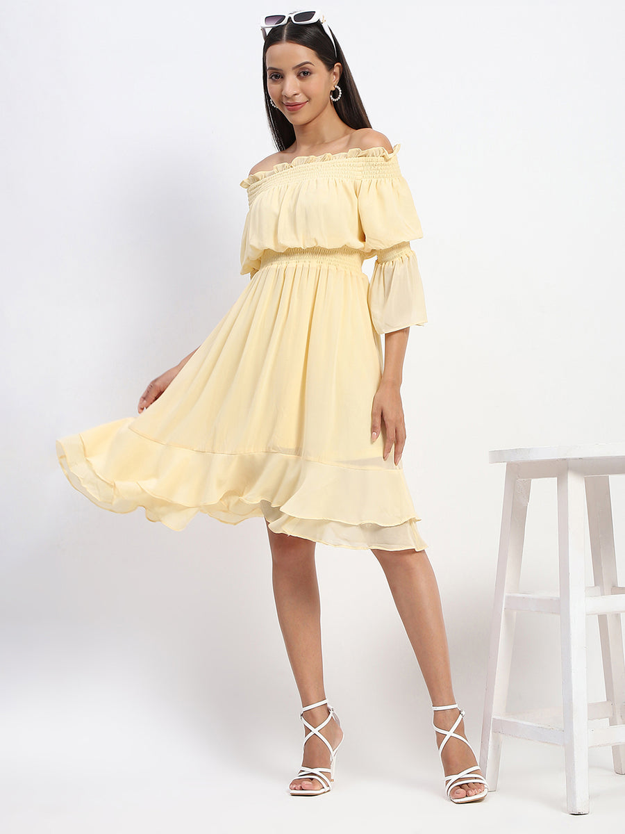 Madame Gathered Waist Off Shoulder Yellow Dress