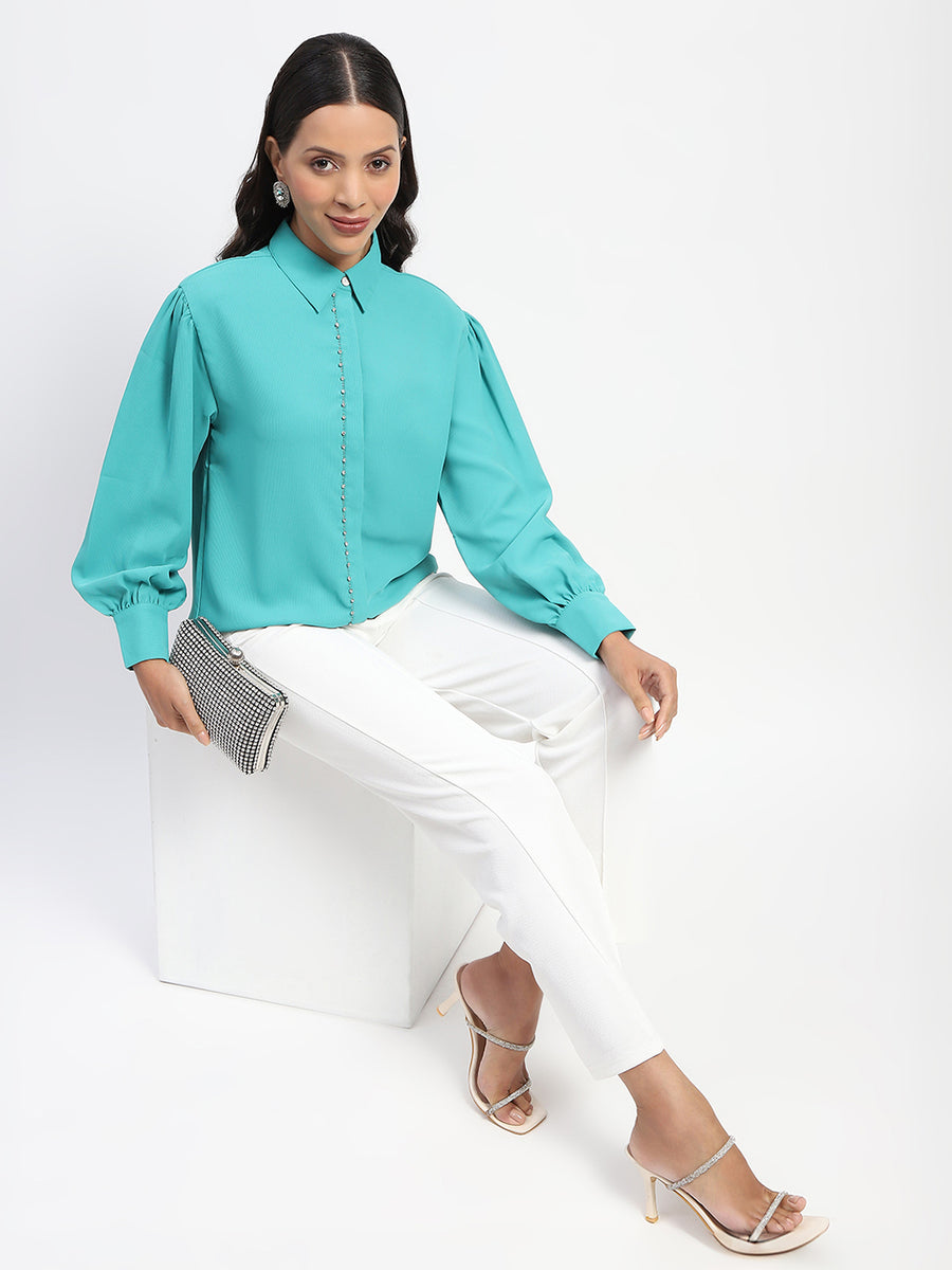 Madame Embellished Cuffed Sleeve Green Shirt