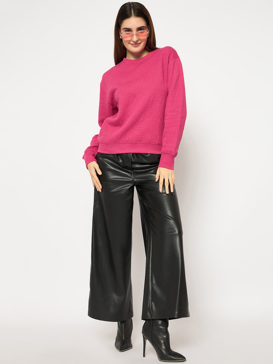 Madame Knitted Self-Textured Hot Pink Sweatshirt