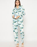 mSECRET Printed Notch Lapel Top and Bottom Teal Night Suit