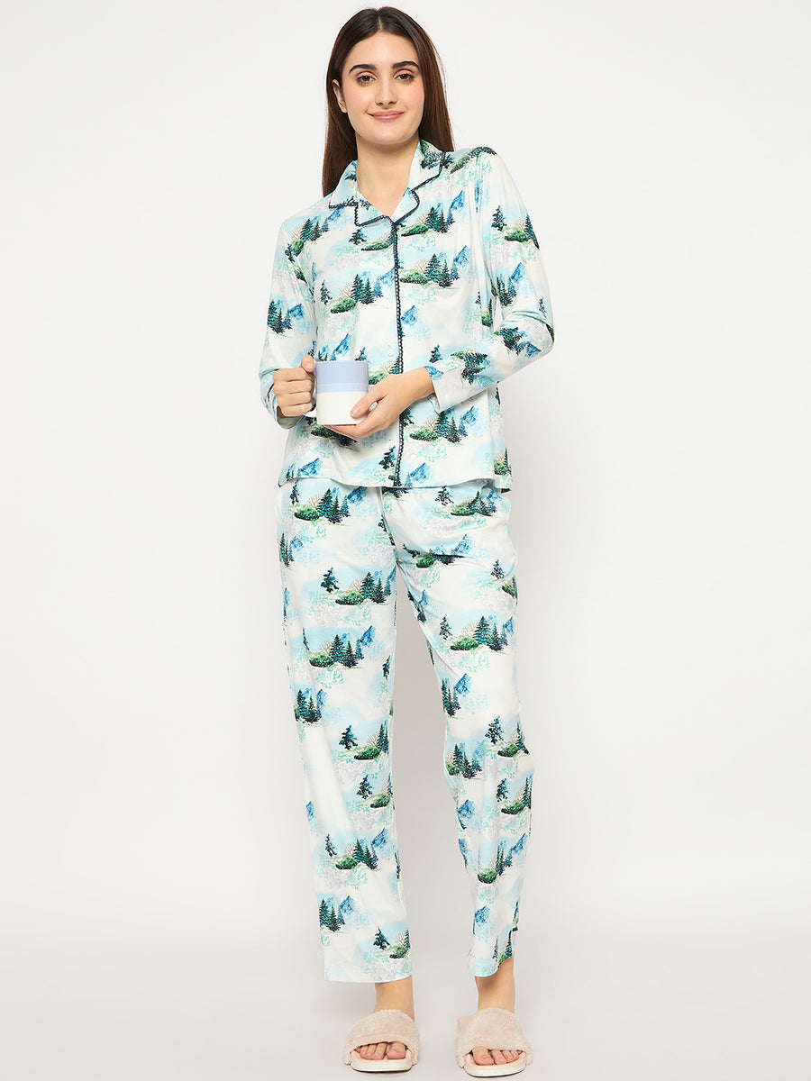 mSECRET Printed Notch Lapel Top and Bottom Teal Night Suit