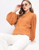 Madame Mock Neck Solid Orange Cotton Blend Top