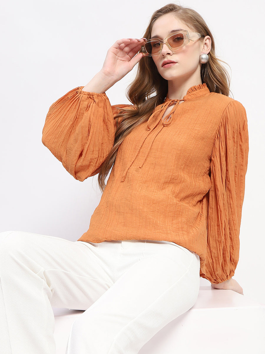 Madame Mock Neck Solid Orange Cotton Blend Top