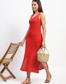 Madame V Neck Crochet Red Cotton Knitted Dress