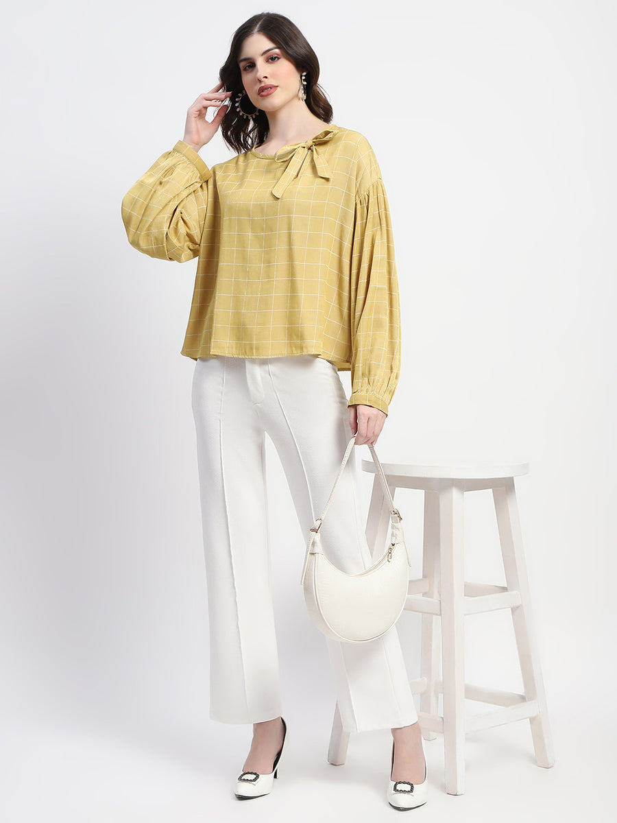 Madame Tie Neck Puff Sleeve Chequered Yellow Top