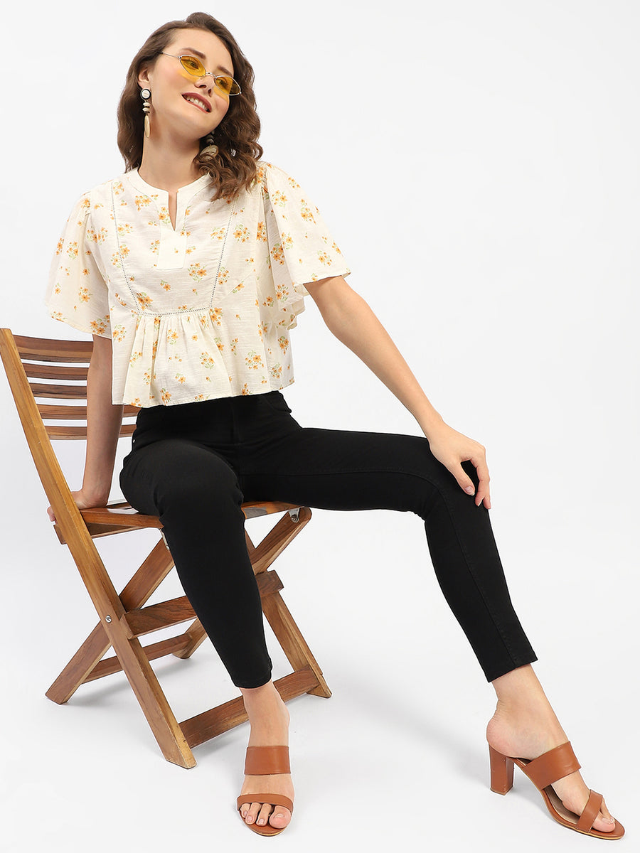 Madame Mandarin Collar  Ruffle Detailing Printed Cotton Peplum Top