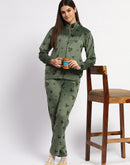 mSECRET Typography Adorned  Zipped Top and Bottom Green Cotton Night Suit