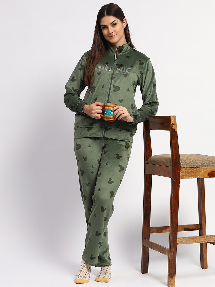 mSECRET Typography Adorned  Zipped Top and Bottom Green Cotton Night Suit