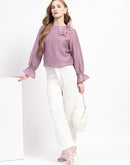 Madame 3D Flower Detailed Round Neck Solid Lilac Top