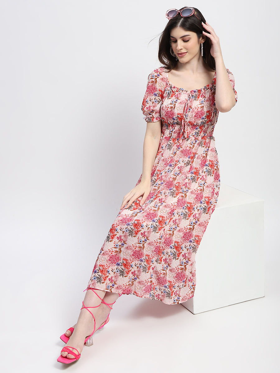 Madame Floral Print Cinch Waist Pink Midi Dress