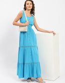 Madame Square Neckline Blue Tiered Dress