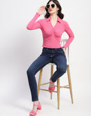 Madame Collared Neckline Scallop Hem Ruched Pink Top