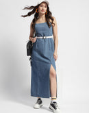 Madame Front Slit Long Denim Dress